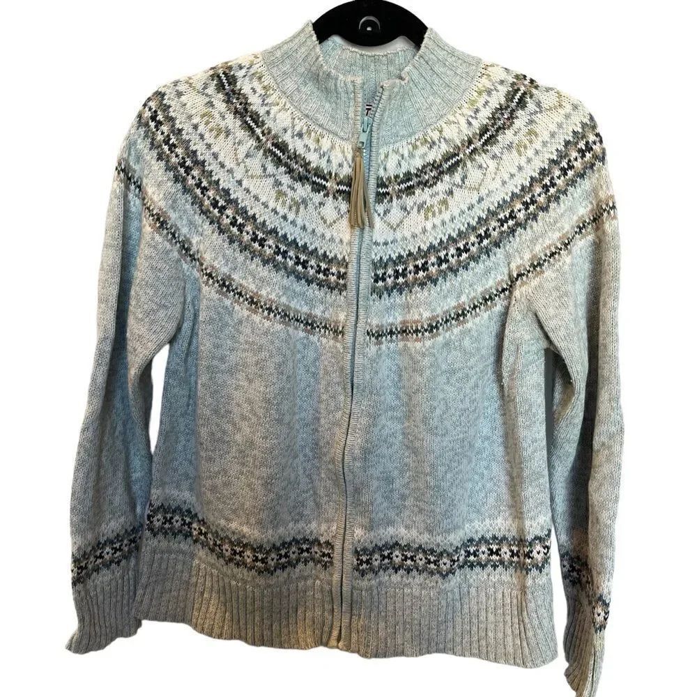 Tiara International Women's Knit Cardigan Sweater Medium Lt. blue/cream/green